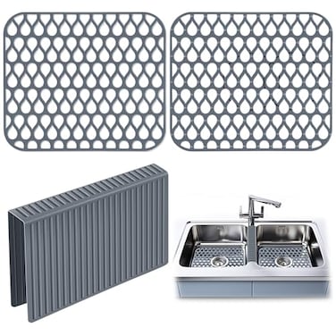Dunkive 3 Pack Sink Mat and Sink Saddle Set 134 x 115 Inch Protectors for Kitchen Non Slip Silicone Dishwasher Safe Folding Grid Protect from Stains Damage Scratches Cuttable