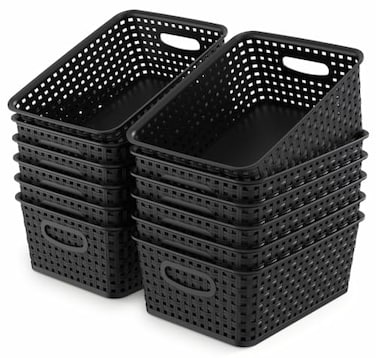 WYT 12Pack Plastic Small Shelf Storage Weave Baskets for Organizing Black