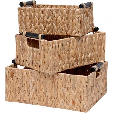 YOCAHAOY Storage Baskets 3 Pack Storage Baskets for Organizing ToysHandwoven Storage Bins for NurseryNatural Water Hyacinth Baskets for Organizing with Wooden Handles