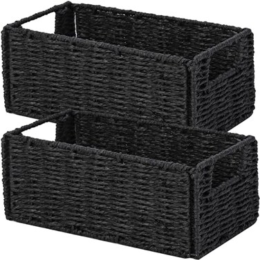 Vagusicc Wicker Storage Basket Set of 2 HandWoven Paper Rope Wicker Basket Small Storage Baskets for Organizing Toilet Paper Basket Foldable Large Cube Storage Organizer Bins for Shelves Black