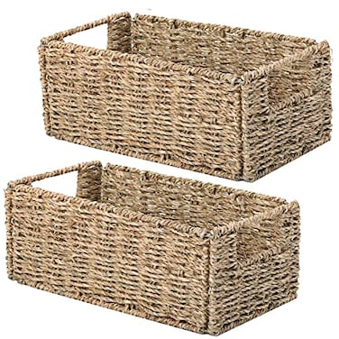 Vagusicc Wicker Storage Basket Set of 2 HandWoven Storage Baskets for Organizing Small Wicker Basket for Toilet Paper Foldable Large Cube Storage Organizer Basket Bins for Shelves Sea Grass