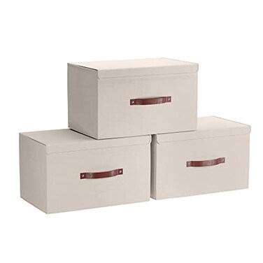 Ornavo Home 3 Pack Collapsible Storage Bins with Lid Foldable Linen Fabric Shelf Storage Basket Closet Organizer and Large Storage Box for Clothes with Leather Handles 15 x 10 x 9 Beige