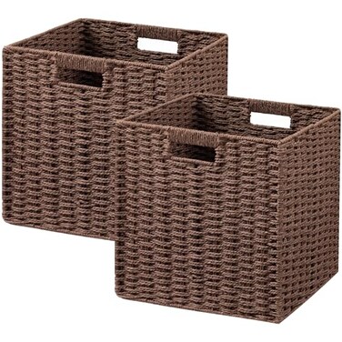 UBBCARE 2 Pack Wicker Basket 11L11H105W inch Woven Paper Rope Storage Baskets for shelves Foldable Cube Storage bin with Handle Storage Basket for Organizing Dark Brown Cube2pack 11