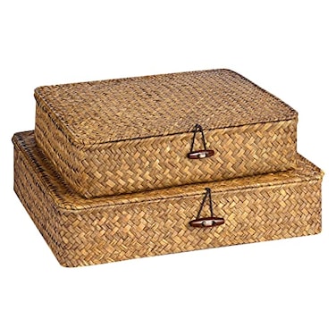 FOSSORH Set of 2 Flat Seagrass Storage Bins with Lid Wicker Storage Baskets for Organizing Woven Shelf Organizer Bins Home Utility Organizer Box for Home Office Supplies Caramel
