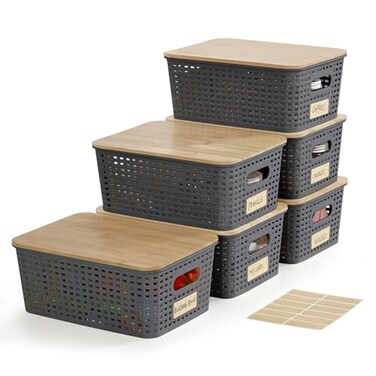 Bagnizer Small Plastic Storage Bins with Bamboo Lids 52qt Stackable Box Basket Pantry Decorative Containers Cute with Lable for Organizing Desktop Closet Office Gray of 6 packs 10 72 41