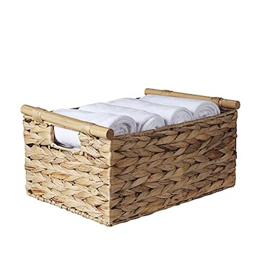 BSTNASI Natural Water Hyacinth Storage Baskets for Organizing Small Wicker Baskets With Handles Woven rectangle Baskets for Storage Baskets for Shelves Large Rectangular Towel Basket
