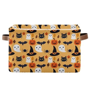 Bolaz Large Storage Basket Halloween Spooky Skull Pumpkin Black Cat Foldable Storage Box Organizer Bins with Handles for Bedroom Home Office