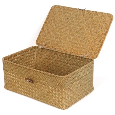 FEILANDUO FEIALNDUO Wicker Shelf Baskets with LidSeagrass Storage Basket Bins Rectangular Handwoven Basket Boxes for Shelves Desktop Home Organizer Natural Medium