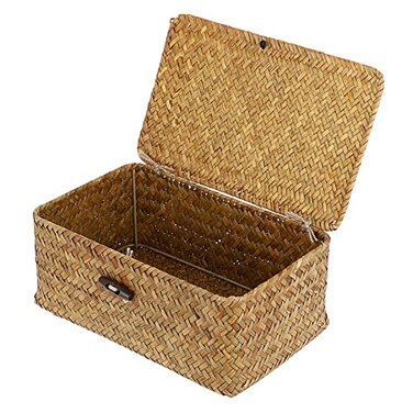 Hipiwe Wicker Shelf Baskets Bin with Lid Handwoven Seagrass Basket Storage Bins Rectangular Household Basket Boxes for Shelf Wardrobe Home Organizer Caramel Small
