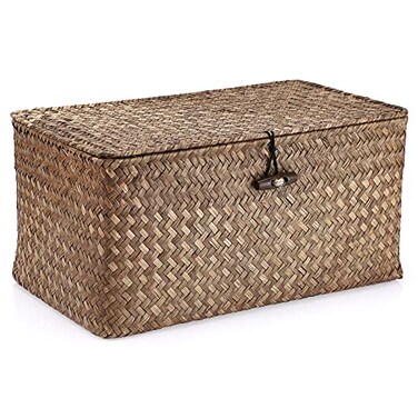 Hipiwe Wicker Shelf Baskets Bin with Lid Handwoven Seagrass Basket Storage Bins Rectangular Household Basket Boxes for Shelf Wardrobe Home Organizer Coffee Medium