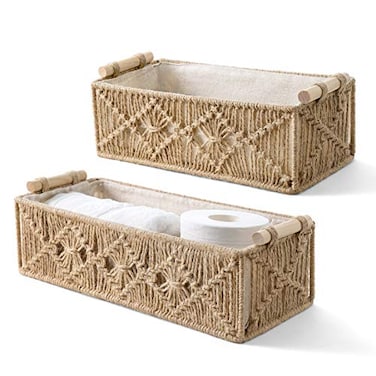 Mkono Macrame Storage Baskets Boho Decor Box Handmade Woven Decorative Countertop Toilet Tank Shelf Cabinet Organizer for Bedroom Livingroom Home Set of 2 Brown