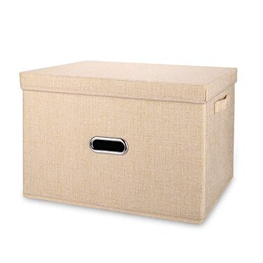 Valease Linen Fabric Collapsible Storage Bins with Removable Lids and Handles Washable Storage Box Containers Baskets Cube with Cover for BedroomClosetOfficeLiving RoomNursery Khaki Medium