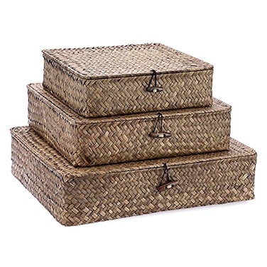 Hipiwe Flat Wicker Basket Bins with Lid Set of 3 Handwoven Seagrass Storage Basket Shelf Baskets Boxes Multipurpose Home Organizer Bins Boxes for Shelf Pantry ClosetLarge Size 148x13 Coffee