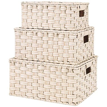 GRANNY SAYS Wicker Storage Baskets with Lids Set of 3 Decorative Storage Boxes Baskets for Organizing Butter Milk 3Pack
