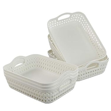 HOMMP White Plastic Woven Storage Basket Tray with Handle 6 Pack Small