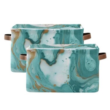 KEEPREAL Turquoise Marble Texture Basket Bin Large Storage Basket Toy Basket Canvas Storage Basket Clothes Basket Decorative Basket for Home Office 15x11x95inch2PACK