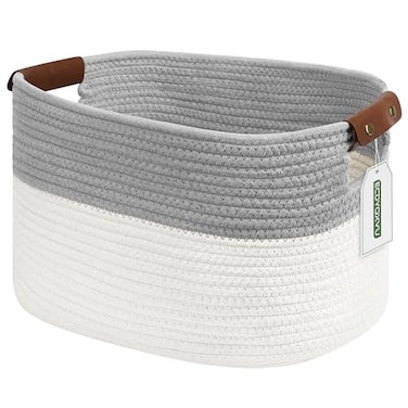 ECDYQXVU Cotton Rope Basket Storage Baskets with Handle 15x10x9 Inch Woven Basket for Shelves Laundry Towels Clothes Books WhiteGrey 1Pack