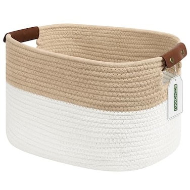 ECDYQXVU Cotton Rope Basket Storage Baskets with Handle 15x10x9 Inch Woven Basket for Shelves Laundry Towels Clothes Books WhiteBeige 1Pack