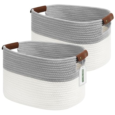 ECDYQXVU Cotton Rope Storage Baskets15x10x9 inFoldable Storage Bins Decorative Woven Basket Cube Storage Organizer for Laundry Towel Clothes WhiteGrey2Pack 15x10x9 inches