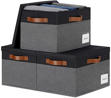 PFFVRP Large Storage Bins with Lids Foldable Fabric Storage Baskets with Lids Sturdy Storage Boxes with Labels and 3 PU Handles for Closet Home Bedroom Office 26L 3 Packs GreyBlack