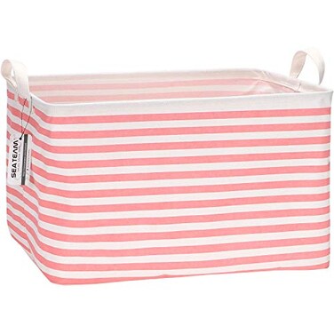 Sea Team Collapsible Canvas Fabric Storage Basket with Handles Rectangle Waterproof Storage Bin Box Cube Foldable Shelf Basket Closet Organizer 165 x 118 x 98 Inches Pink Stripe