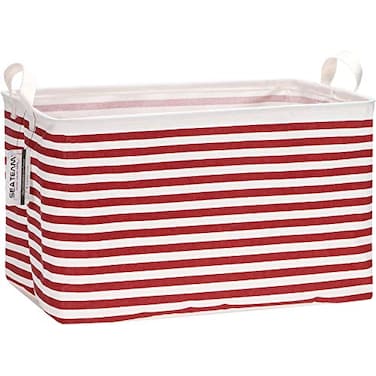 Sea Team Collapsible Canvas Fabric Storage Basket with Handles Rectangle Waterproof Storage Bin Box Cube Foldable Shelf Basket Closet Organizer 165 x 118 x 98 Inches Red Stripe