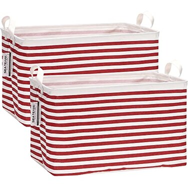 Sea Team 2Pack Collapsible Canvas Fabric Storage Basket with Handles Rectangle Waterproof Storage Bin Box Cube Foldable Shelf Basket Closet Organizer 165 x 118 x 98 Inches Red Stripe