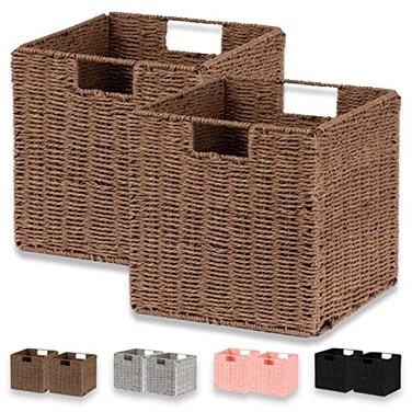 Vagusicc Wicker Basket Set of 2 HandWoven Paper Rope Storage Baskets for Organizing Foldable Cubby Storage Bins 11 Inch Large Wicker Storage Basket Square Baskets Cube Storage Organizer Brown