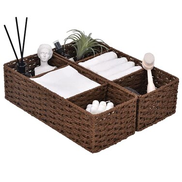StorageWorks 3Section Wicker Baskets for Shelves HandWoven Round Paper Rope Storage Baskets Walnut 2Pack