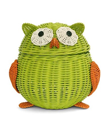 G6 COLLECTION Owl Rattan Storage Basket With Lid Decorative Bin Home Decor Hand Woven Shelf Organizer Cute Handmade Handcrafted Nursery Gift Animal Decoration Artwork Wicker Hoot Owl Green