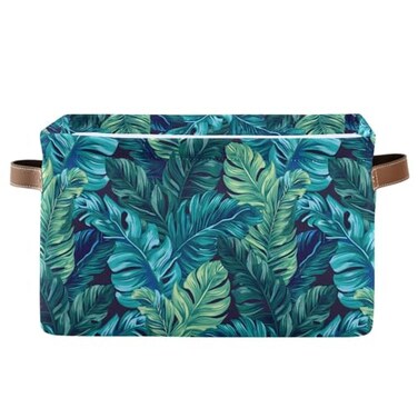 Bolaz Large Storage Basket Turquoise Tropical Leaves Green Foldable Storage Box Organizer Bins with Handles for Bedroom Home Office