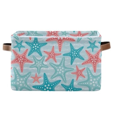 Bolaz Large Storage Basket Nautical Ocean Starfish Foldable Storage Box Organizer Bins with Handles for Bedroom Home Office