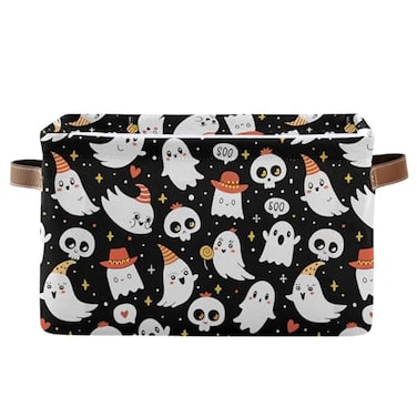 xigua Halloween Ghost Storage Basket Collapsible Storage Bins Waterproof Canvas Storage Basket with Leather Handles for Home Closets OfficesBedroomsGift Baskets1PCS