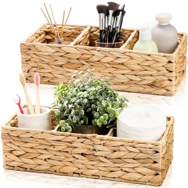 Pumtus 2 Pack 3Section Woven Baskets Water Hyacinth Storage Bin Handwoven Desk Organizer Toilet Paper Container Rectangle Holder for Counter Top Toilet Tank Shelves Coffee Bar Pantry