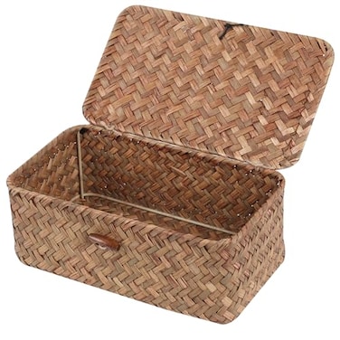 FEILANDUO FEIALNDUO Wicker Shelf Baskets with LidSeagrass Storage Basket Bins Rectangular Handwoven Basket Boxes for Shelves Desktop Home Organizer Coffee XSmall