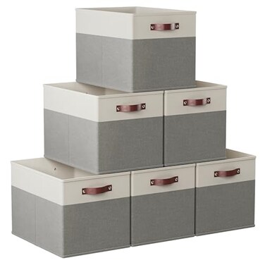 Ornavo Home 13 x 15 x 13 Kallax Storage Cube Bins Foldable Collapsible Fabric Storage Bins Box Linen Shelf Basket Cube Organizer for Closet with Leather Handles 6 Pack WhiteGray