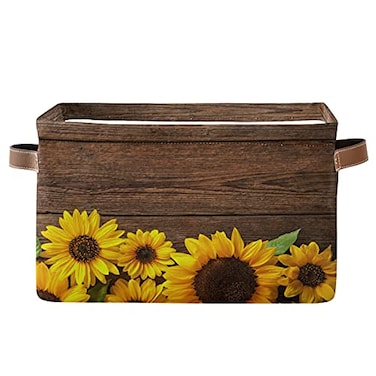 AUUXVA Sunflower Wooden Board Cube Storage Bin with Handle Collapsible Laundry Storage Basket Rectangle Toys Organizer for Home Office Closet Shelves Nursery 1 Pack