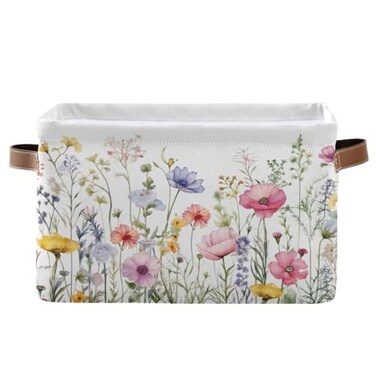 YETTASBIN Herbal Wildflowers Storage Basket 1pc Large Collapsible Toys Clothes Organizer Durable Canvas Storage Bin with Handle for Shelves Closet Laundry Home Office Decor