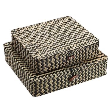 Hipiwe Woven Storage Basket with lid Flat Wicker Storage Baskets Bins Natural Seagrass Storage Baskets Box for Shelf Home Decor Set of 2 Blacks Strips
