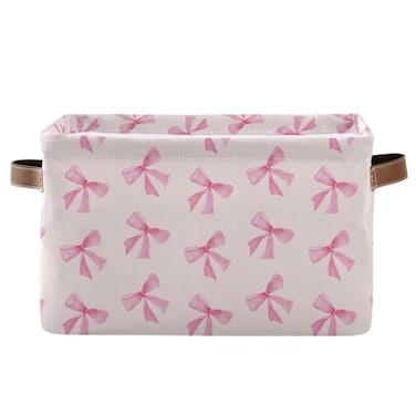 xigua Pink Bow Storage Basket Collapsible Storage Bins Waterproof Canvas Storage Basket with Leather Handles for Home Closets OfficesBedroomsGift Baskets1PCS