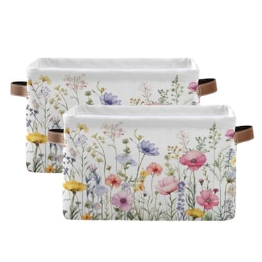 YETTASBIN Herbal Wildflowers Storage Basket 2pc Large Collapsible Toys Clothes Organizer Durable Canvas Storage Bin with Handle for Shelves Closet Laundry Home Office Decor