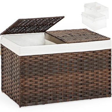 SETVSON Storage Basket with Lid Wicker Baskets for Storage with 2 Separate Lid 423 Gallon 160 L 299 x 173 x 181 Inches Rattan Woven Large Wicker Basket with 2 Liners for Bedroom Laundry Brown