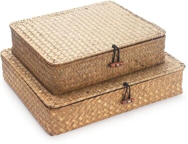 XIMISISE Seagrass Storage Baskets with Lids Flat Wicker Basket Shallow Woven Basket for Shelf Decorative Storage Boxes for Organizing Natural