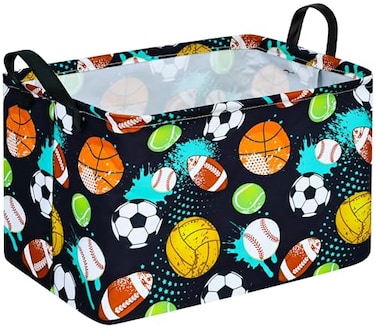 KUNRO Kid Clothes Storage Basket Gift Shelf Basket Toy Storage Bin Nursery Basket Organizer Box for With Handles for Room Deco Football Basketball Pattern