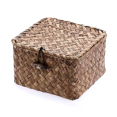Hipiwe Seagrass Basket with Lid Wicker Storage Basket Square Handwoven Decorative Baskets Box for Shelf Multipurpose Household Baskets Home DecorXsmall
