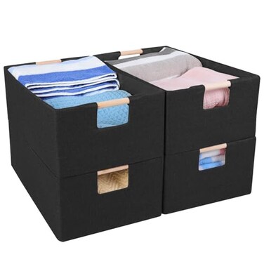 ANMINY 4PCS Closet Storage Baskets for Shelves 134 x 9 Inch Collapsible Fabric Storage Bins with Wood Handles Cloth Shelves Organizer Bins Decorative Fabric Baskets Small Black