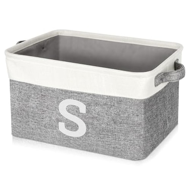 Lukeline Personalized Initial S Storage Basket Grey Faux Linen 155 L x 106 W x 94 H