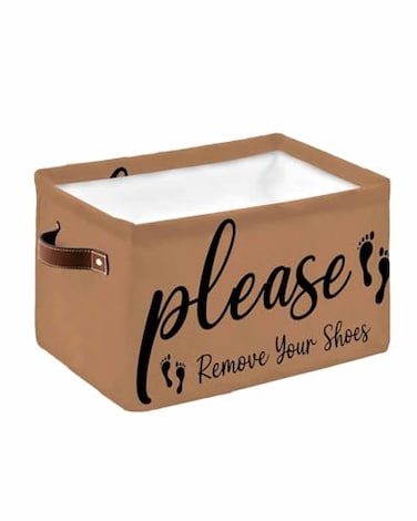 DecorLovee Please Remove Your Shoes Storage Basket Waterproof Cube Storage Bin Organizer with Handles Farmhouse Brown Collapsible Storage Cubes Bins for Clothes Books Toys 15x11x95