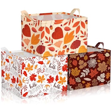 Geelin 3 Pcs Thanksgiving Storage Baskets for Gifts Collapsible Waterproof Canvas Harvest Autumn Maple Leaf Storage Bin Organizer with Handles for Book Closet Shelf Nursery Autumn Home Decor