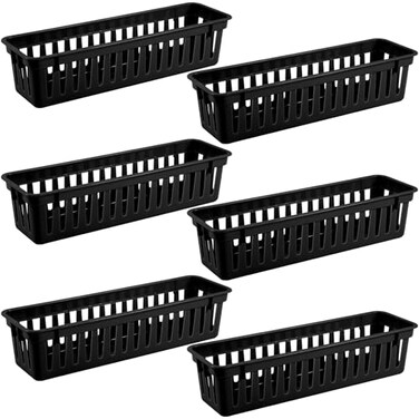 wlilupah 6 Pcs Black Slim Plastic Storage Baskets Tray 10 x 3 x 25 Inch Compact Stackable Desk Organizer for Office Classroom School Supplies and Home Storage OrganizationBlack